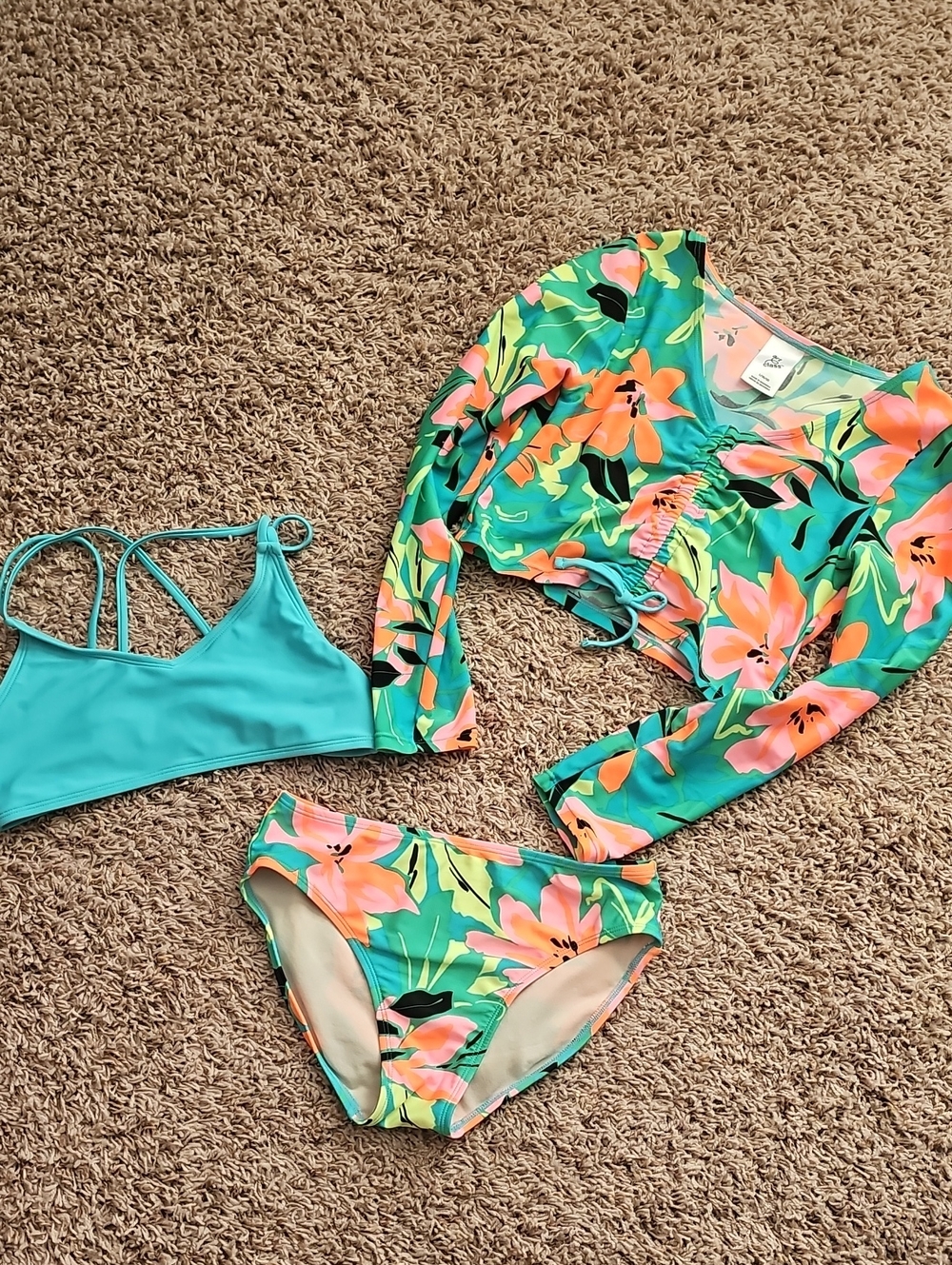 Girls Floral Teal 3-Piece Bikini Set